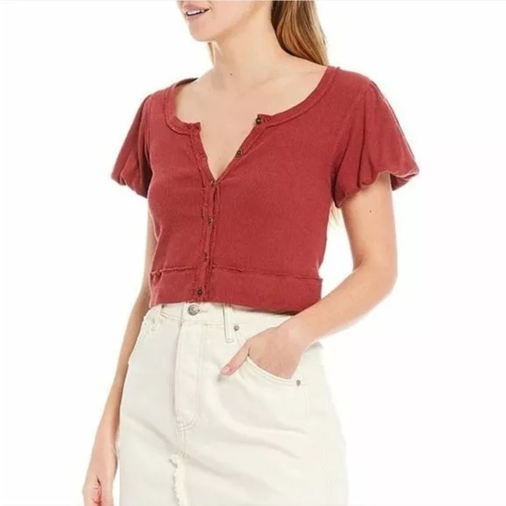 Free People Molly Button Front Cropped Puffed Sleeve Scoop Neck Tee Small